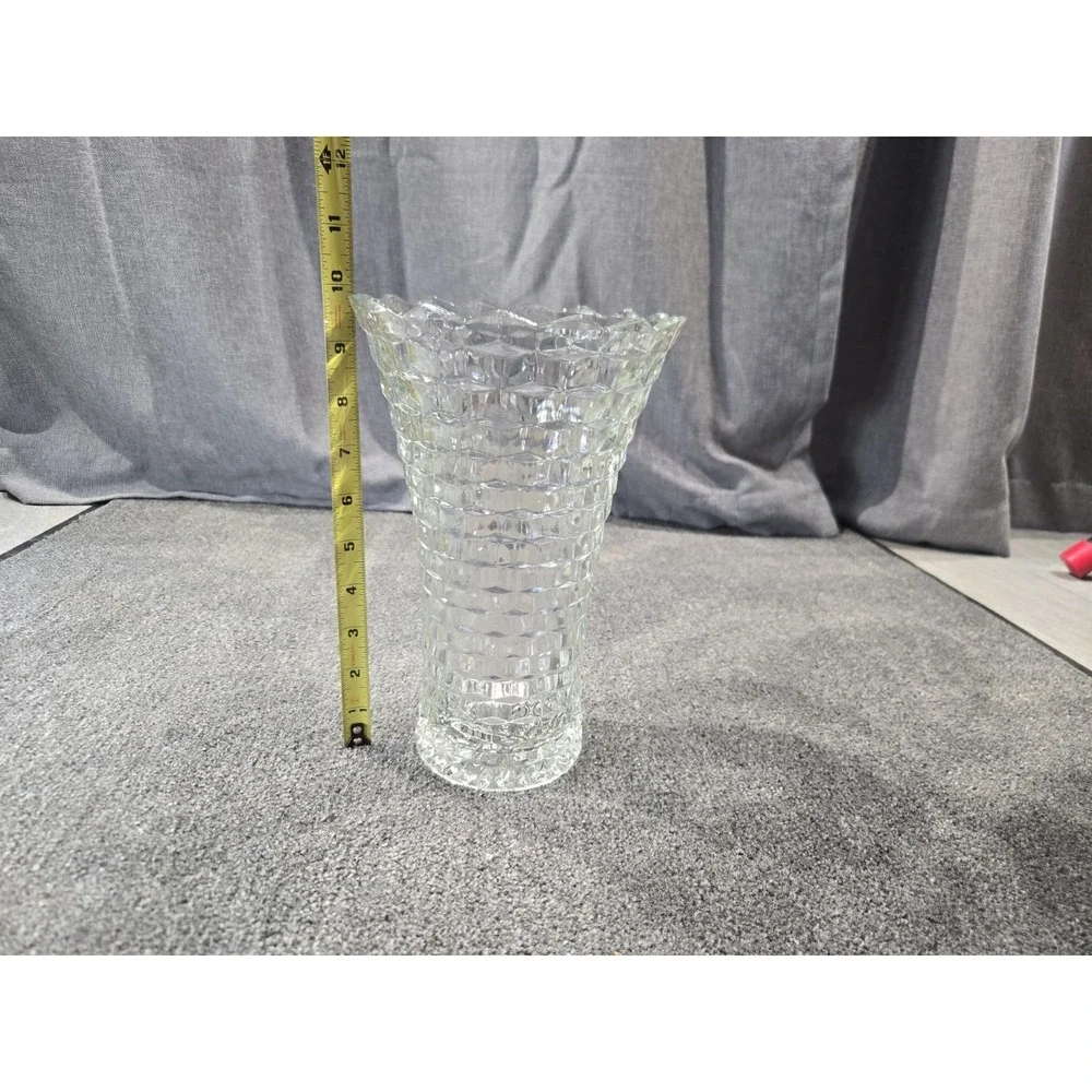 Fostoria American Cube Block Pattern Crystal Vase Scalloped Rim Starburst...